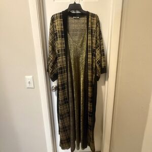 BLANCHE Women's Black Gold Plaid Glitter Long Kimono Duster Robe M